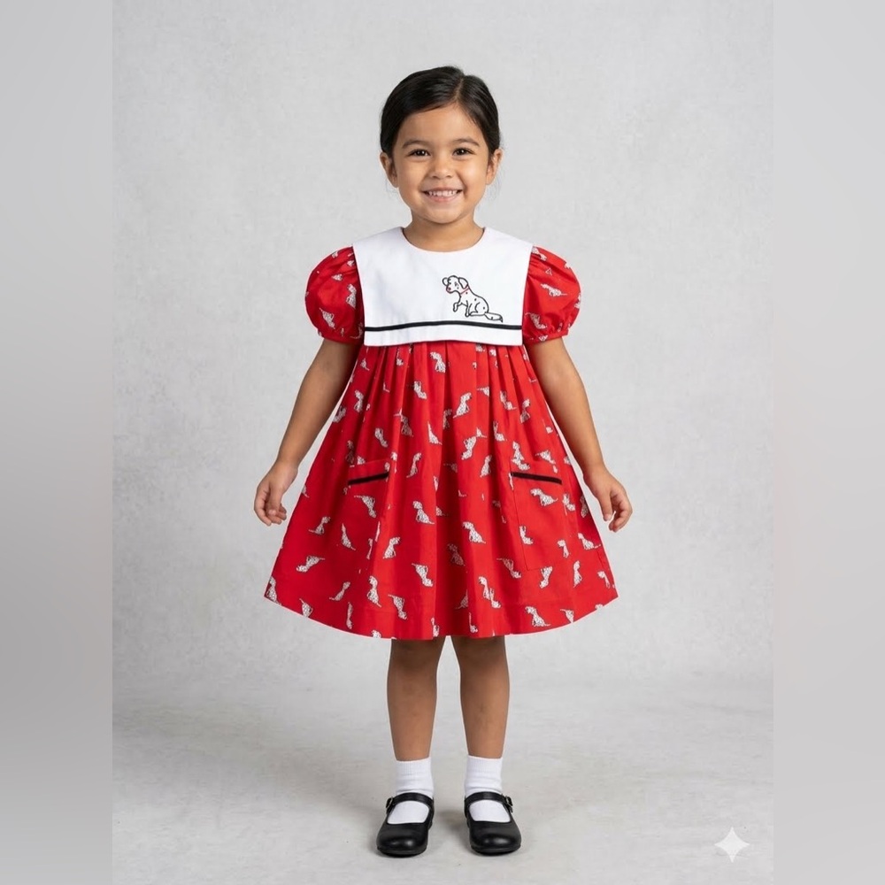 VNTG Girl's Dorissa II 80s Dogs All Over Print Red Dress Cape Size 4T Holiday